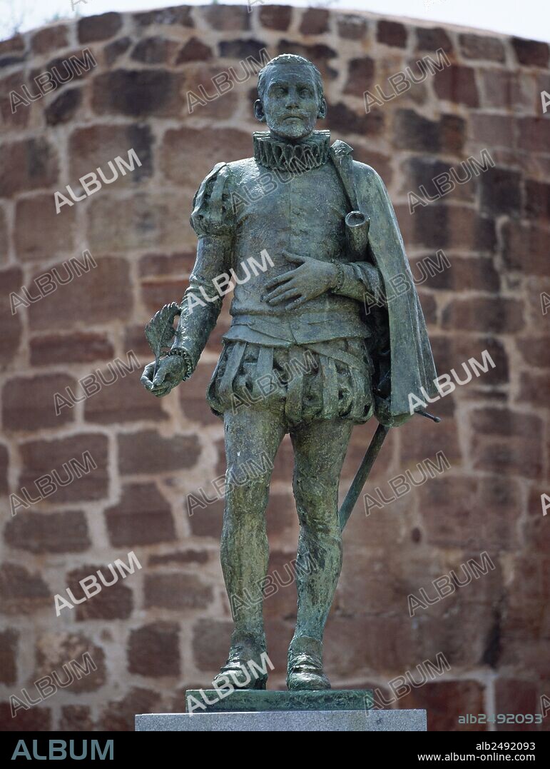 Miguel de Cervantes (1547-1616). Spanish writer. Bronze sculpture on stone pedestal erected by the Spanish sculptors Teresa Guerrero (b. 1966) and Javier Martinez (b.1968) in 1999. Alcazar de San Juan. Ciudad Real. Spain.