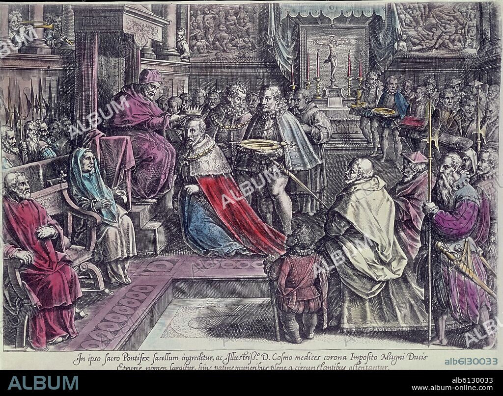 JUAN XXIII (ANTIPAPA) O PIO V CORONA A COSME DE MEDICIS - GRABADO SIGLO XVI.