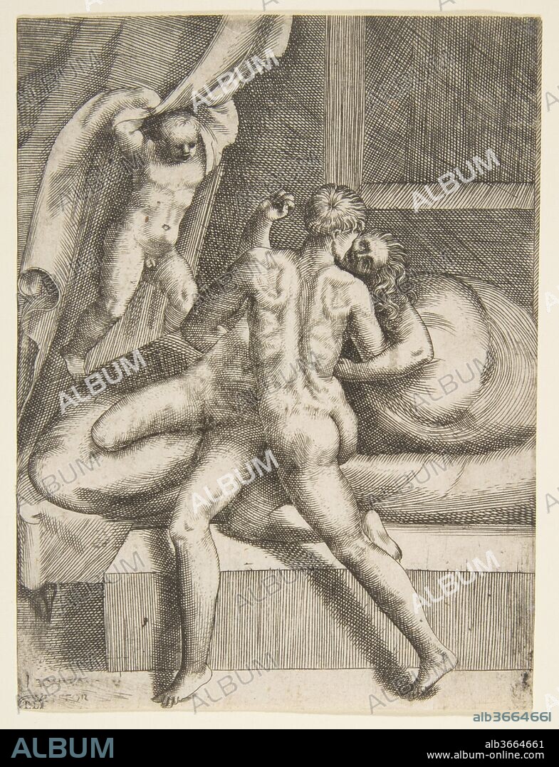 Apollo and Leucothea, from 'The Loves of the Gods'. Artist: Giulio Bonasone (Italian, active Rome and Bologna, 1531-after 1576). Dimensions: sheet: 5 11/16 x 4 3/8 in. (14.5 x 11.1 cm). Series/Portfolio: The Loves of the Gods (Amorosi diletti degli dei). Date: ca. 1531-76.