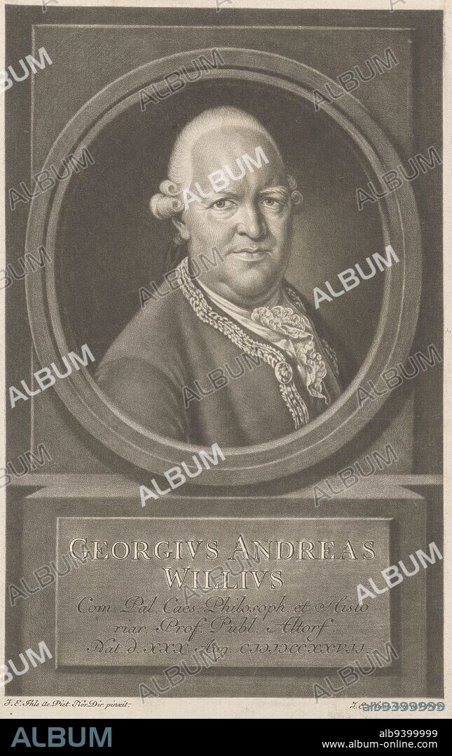 Portrait of Georg Andreas Will, Johann Elias Haid, after printmaker, 1782, print maker: Johann Elias Haid, (mentioned on object), after: prentmaker, (mentioned on object), print maker: Augsburg, after: Neurenberg, 1782, paper, h 223 mm - w 142 mm.