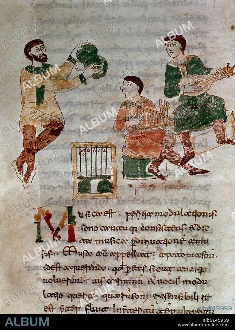 MAURO RABANO. MINIATURA DEL MANUSCRITO DE UNIVERSO: MUSICOS. ELABORADO EN EL AÑO 1028.