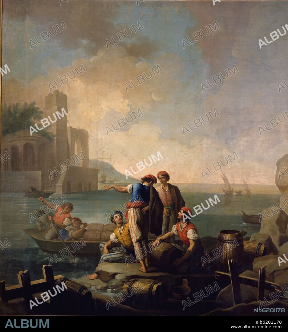 ZACARIAS GONZALEZ VELAZQUEZ. CUATRO PESCADORES EN PRIMER PLANO Y UNA BARCA CON TRES MAS -.