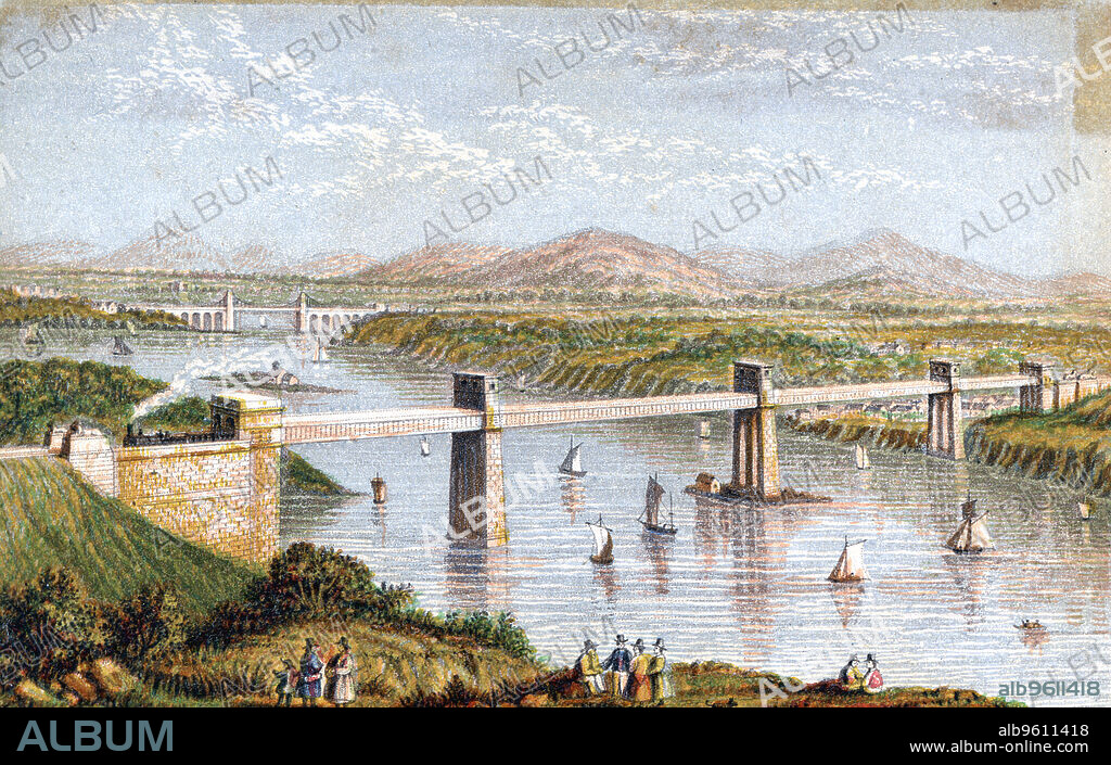 Britannia Tubular Bridge over Menai Straits, Wales, c 1850s. The Britannia Tubular Bridge was designed by Robert Stephenson (1803-1859). Construction began in 1846 and the bridge was opened on 18 March 1850. It was constructed to provide trains of the Chester and Holyhead Railway with a passageway across the Menai Straits from mainland Wales to Anglesey. The railway terminated at Holyhead, which became a major port for travellers to Ireland. The Menai Suspension Bridge, a road bridge completed in 1826, can be seen in the distance.