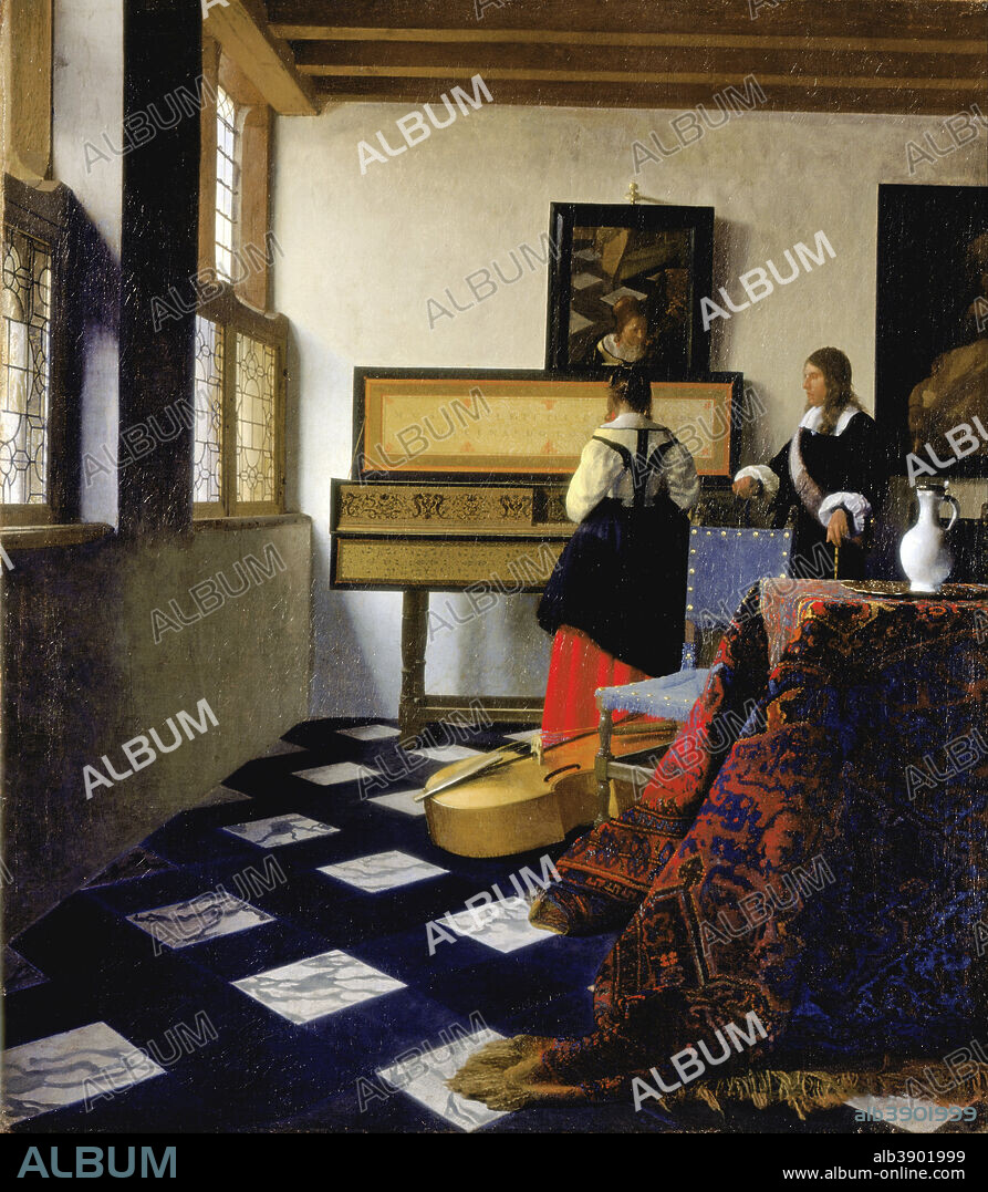 JAN VERMEER. Lady at the Virginal with a Gentleman, 'The Music Lesson'. Date/Period: Ca. 1662 - 1665. Painting. Oil on canvas. Height: 74.1 cm (29.1 in); Width: 64.6 cm (25.4 in).