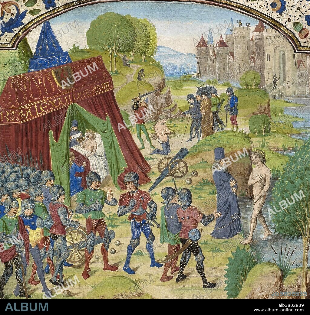 In this illustration, Alexander the Great emerges naked from the Cydnus River. The cold water makes him ill and he is seen later in his tent on the left, accepting help from his physician Philip, even though Philip has been accused of plotting his death. In the background, the Persian Sisinnes is beheaded for treason after failing to report his knowledge of an assassination attempt against Alexander. Alexander III of Macedon (356-323 BC), commonly known as Alexander the Great, was a Greek king who conquered the Persian Empire. This illustration was created between 1470-75 by the Flemish illustrator known as "Master of the Jardin de vertueuse consolation" and an assistant. Tempera colors, gold leaf, gold paint, and ink on parchment.