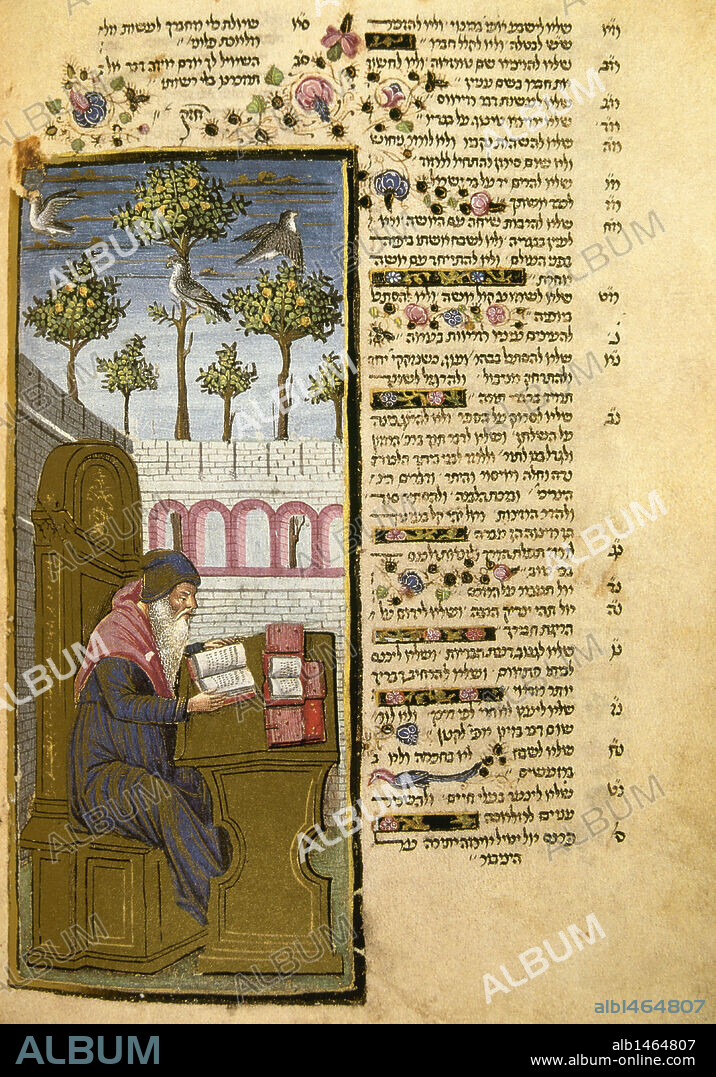 ROTHSCHILD MISCELANY. Manuscrito fechado en 1640. El original se encuentra en el Museo de Israel, en Jerusalén. Detalle de una página del facsímil editado en Londres, escrito en HEBREO y miniado. Miniatura con la representación de un RABINO ESTUDIANDO LAS SAGRADAS ESCRITURAS. Escuela de Filología del Centro Superior de Investigaciones Científicas (CSIC). Madrid. España.