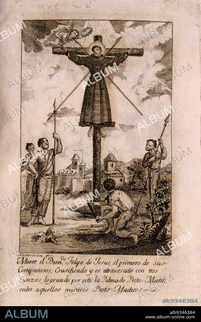 Life of Saint Philip of Jesus, Vida de San Felipe de Jesus, José Montes de Oca, Mexican, active ca. 1788-1820, Engraved prints on white antique laid paper, modern binding, 1801, size of cover: 9 1/8 x 6 7/16 in., 23.2 x 16.4 cm, Catholic, Christianity, cross, crucified, faith, hispanic heritage, Mexico, mission, patron saint, priest, Religion, saint, spanish american art, spears.