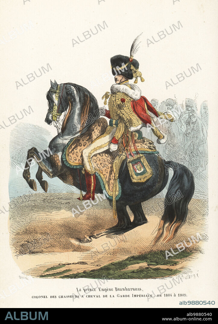 Prince Eugene Beauharnais, stepson of Napoleon, in uniform of a Colonel of the Horse Chasseurs of the Guards, 1781-1824. In hussar-like uniform with fur Busby hat, red pelisse and dolman with gold frogging, cream trousers and red boots, sabretache, armed with a sabre. Horse in leopard-skin shabrack. Le prince Eugene Beauharnais, Colonel des Chasseurs a Cheval de la Garde Imperiale, 1804-1809. Handcoloured woodcut by Quichon after an illustration by Hippolyte Bellangé from P.M. Laurent de lArdeches Histoire de Napoleon, Paris, 1840.