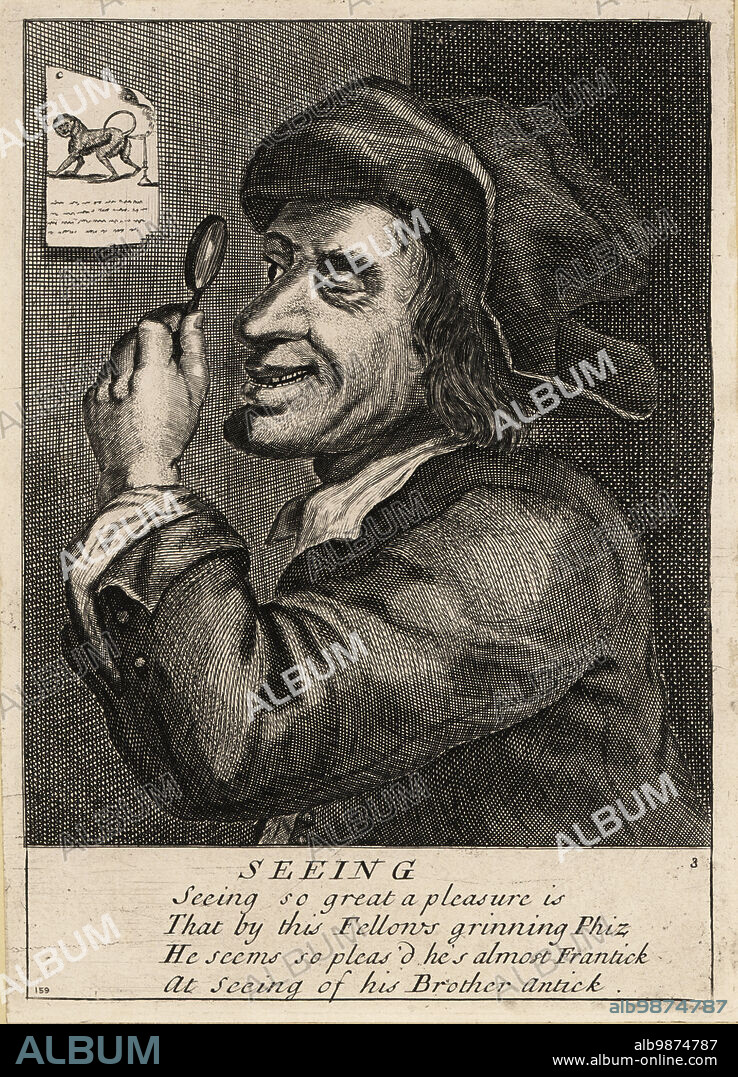 17th century English man looking through a magnifying glass at an engraving of a monkey extinguishing a candle with a fart. Seeing. Seeing so great a pleasure is That by this fellows grinning phiz, He seems so pleas'd he's almost frantick At seeing of his brother antick. Possibly from an original print in The merry conceited five senses, Robert Walton, 1661. Copperplate engraving by David Deuchar from A Collection of Etchings after the most Eminent Masters of the Dutch and Flemish Schools, Edinburgh, 1803.
