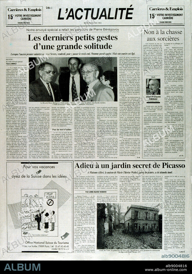 Front page of the French newspaper 'L'Actualite' after the funeral of Pierre Beregovoy, May 1993. Pierre Eugene Beregovoy (1925 1 May 1993) was a French politician who served as Prime Minister of France under President Francois Mitterrand from 2 April 1992 to 29 March 1993. He committed suicide.