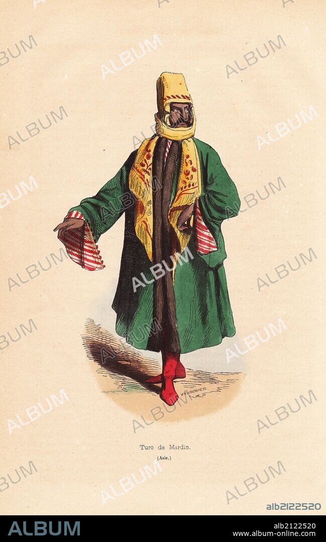 Man from Mardin, southeast Turkey, in embroidered scarf, fur-lined cape, red boots. Handcoloured woodcut by Vangauberche from Auguste Wahlen's "Moeurs, Usages et Costumes de tous les Peuples du Monde," Librairie Historique-Artistique, Brussels, 1845. Wahlen was the pseudonym of Jean-Francois-Nicolas Loumyer (1801-1875), a writer and archivist with the Heraldic Department of Belgium.