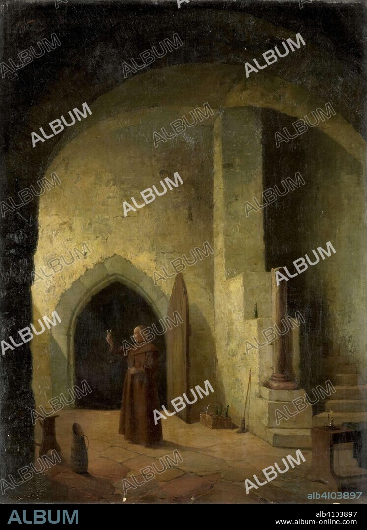 F. TAUPEL (MENTIONED ON OBJECT). A monk with a glass in hand in a cellar. Dating: 1800 - 1900. Measurements: h 47.3 cm × w 34.5 cm × t 2.5 cm; d 8.9 cm.