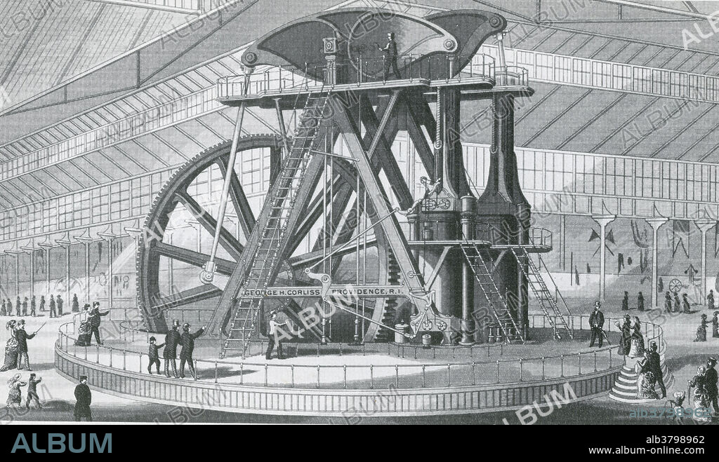 The Corliss Centennial Engine was an all-inclusive, specially built rotative beam engine that powered virtually all of the exhibits at the Centennial Exposition in Philadelphia in 1876 through shafts totalling over a mile in length. Switched on by President Ulysses Grant and Emperor Dom Pedro of Brazil, the engine was in public view for the duration of the fair. The Centennial Engine was 45 feet tall, had a flywheel 30 feet in diameter, and produced 1,400 horsepower. A Corliss steam engine (or Corliss engine) is a steam engine, fitted with rotary valves and with variable valve timing patented in 1849, invented by and named after the American engineer George Henry Corliss.