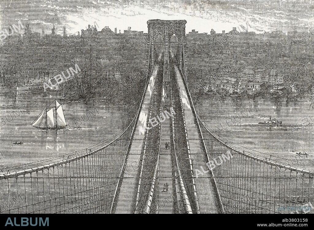 The view from the top of Brooklyn Tower, looking down upon the Brooklyn bridge and towards New York. From an unidentified brochure about the bridge, 1883. The Brooklyn Bridge is one of the oldest suspension bridges in the United States. Completed in 1883, it connects the boroughs of Manhattan and Brooklyn by spanning the East River. With a main span of 1,595.5 feet, it was the longest suspension bridge in the world from its opening until 1903, and the first steel-wire suspension bridge. Originally referred to as the New York and Brooklyn Bridge and as the East River Bridge, it was formally named the Brooklyn Bridge by the city government in 1915. Since its opening, it has become an icon of New York City, and was designated a National Historic Landmark in 1964 and a National Historic Civil Engineering Landmark in 1972.