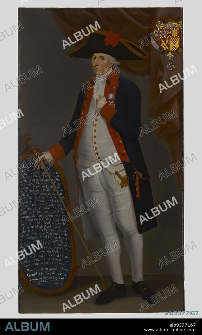 Don Juan Lorenzo Gutiérrez Altamirano de Velasco y Flores, Count of Santiago de Calimaya, Mariano Guerrero, Mexican, active late 18th century, Oil on canvas, Mexico, ca. 1790, 73 1/2 x 38 1/2 in., 186.7 x 97.8 cm, 1790, 18th century, cane, cartouche, colonial, cool hat, decoration, Don Juan Lorenzo Gutierrez Altamirano de Velasco y Flores, Guerrero, hand-held-in, hate, herald, Mariano Guerrero, medal, Mexican, Mexican painting, Mexico, oil, oil painting, portrait, red, shield, spanish, sword, three-cornered hat, walking stick.