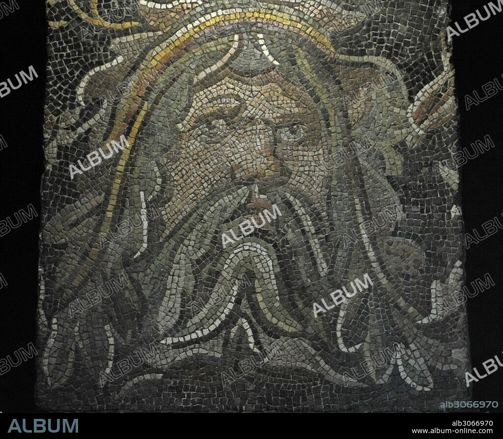 Roman mosaic. Detail of a pavement depicting the face of a bearded man, probably Dionysos. From Syria. 4th century AD. Museum of the Mediterranean and Near Eastern Antiquities. Stockholm, Sweden.