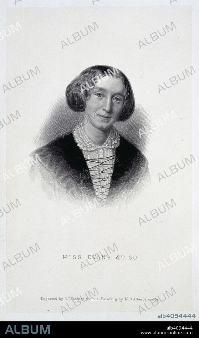 GEORGE ELIOT and G. J. STODART. Miss Evans, at 30. Agatha. London: TrÃ¼bner & Co., 1869 [1889?]. George Eliot (Mary Anne Evans). (1819-1880). English writer. Portrait.  Image taken from Agatha.  Originally published/produced in London: TrÃ¼bner & Co., 1869 [1889?]. . Source: Ashley 712, frontispiece. Language: English.