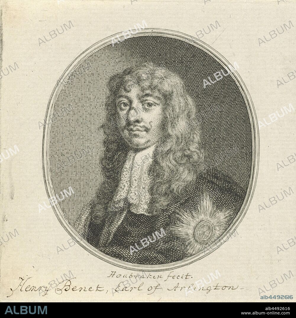 Portrait of Henry Bennett, Count of Arlington Henrij Benet, Earl or Arlington (title on object), Bust to the left of Henry Bennett, first count of Arlington, in an oval. The title is handwritten., Bennett (1st Earl of Arlington), Henry, Jacob Houbraken, Amsterdam, 1708 - 1766, paper, pen, w 101 mm × h 100 mm.