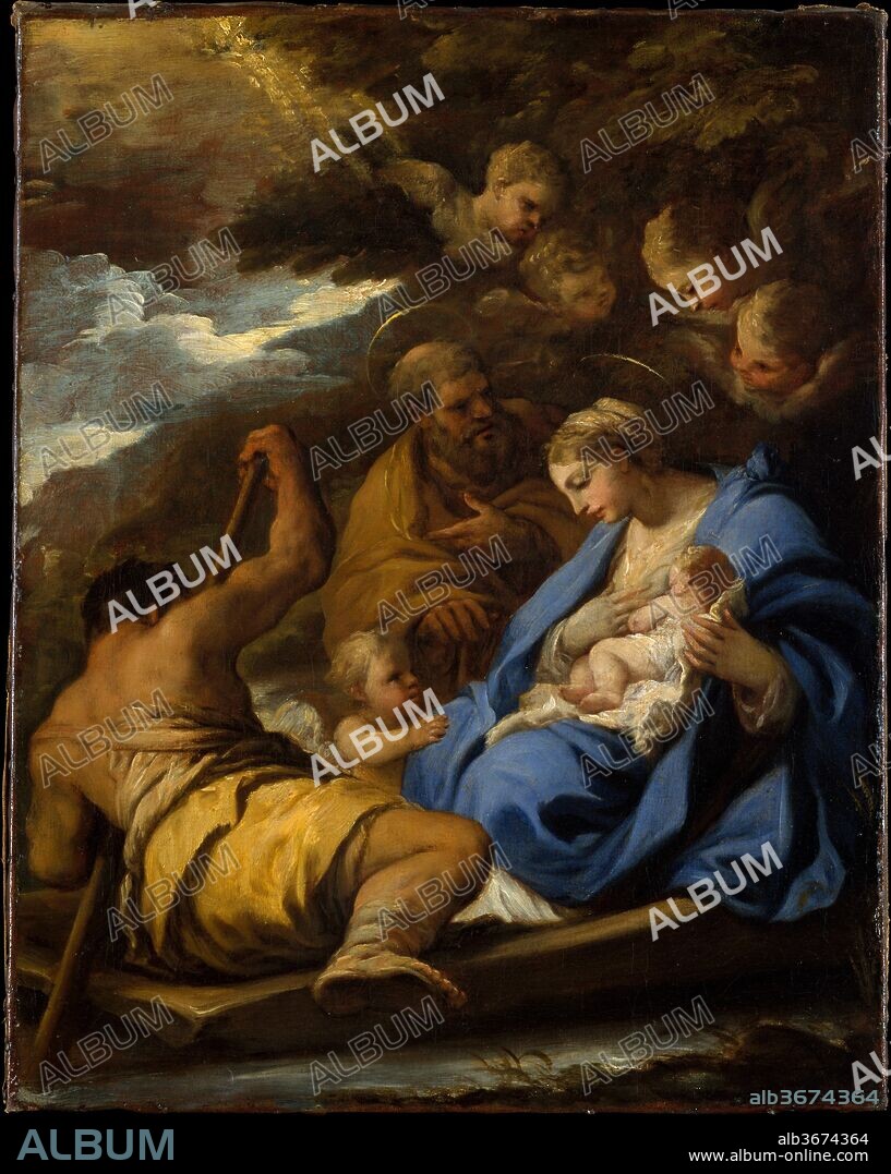 The Flight into Egypt. Artist: Luca Giordano (Italian, Naples 1634-1705 Naples). Dimensions: 24 1/4 x 19 1/4 in. (61.5 x 48.9 cm).
In 1692 Giordano was summoned to Spain as court painter to King Charles II. Charles was succeeded in 1700 by the Bourbon king Philip V, who commissioned a number of paintings from Giordano for the French court, including this work. From 1701 until 1717 the painting was in the possession of Adrien-Maurice, comte d'Ayen, later duc de Noailles, who played an important part in the War of the Spanish Succession and married a niece of Madame de Maintenon.