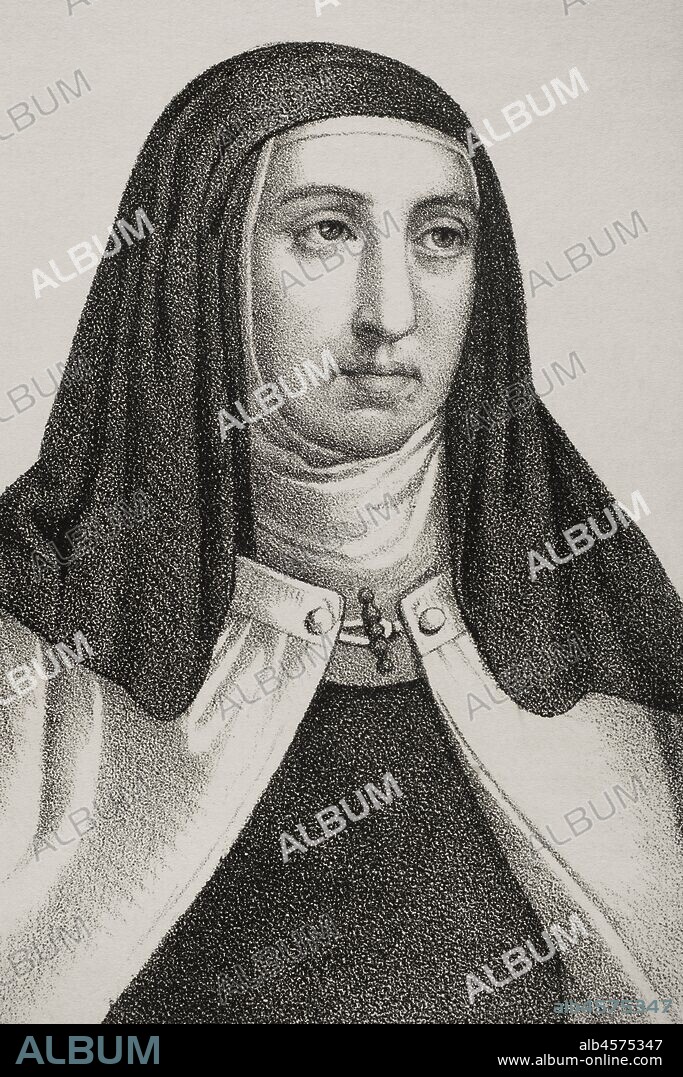 Santa Teresa de Jesús (1515-1582). Reformadora religiosa de la orden carmelitana. Dibujo por Llanta. Detalle. Litografía. Crónica general de España, Historia Ilustrada y Descriptiva de sus Provincias. Castilla-La Vieja,1870. Biblioteca Histórico Militar de Barcelona, Cataluña, España.
