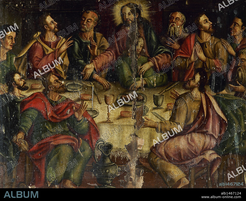"LA ULTIMA CENA". Pintura sobre madera. Detalle del Retablo (s. XVIII) de la Iglesia Parroquial de San Pedro. Limpias. Cantabria. España.