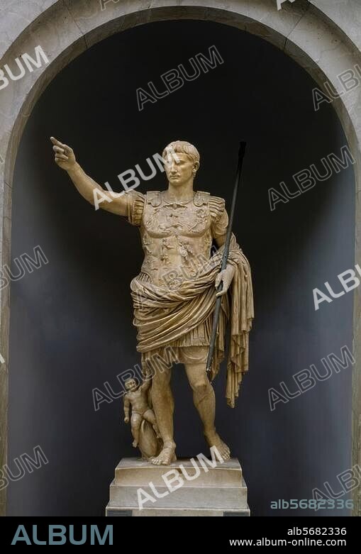 Augustus, römischer Kaiser. Velitrae (Velletri) 23.9.63 v. Chr. Nola 19.8.14 n. Chr. Augustusstatue von Prima Porta. Aus der Villa Livia bei Prima Porta. Marmor, Kopie des 1. Jh. n. Chr. nach einem Original um 20/17 v. Chr. Höhe 2,04 m. Rom, Vatikanische Museen.