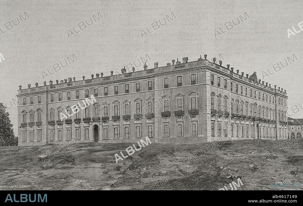 Guerra hispano-estadounidense. Conflicto bélico entre España y Estados Unidos en 1898, resultado de la intervención norteamericana en la guerra de independencia cubana. España. El Palacio Real de Riofrío (provincia de Segovia), destinado por la reina regente María Cristina de Habsburgo-Lorena a sanatorio de soldados repatriados. Grabado por Laporta. La Ilustración Española y Americana, 1898.