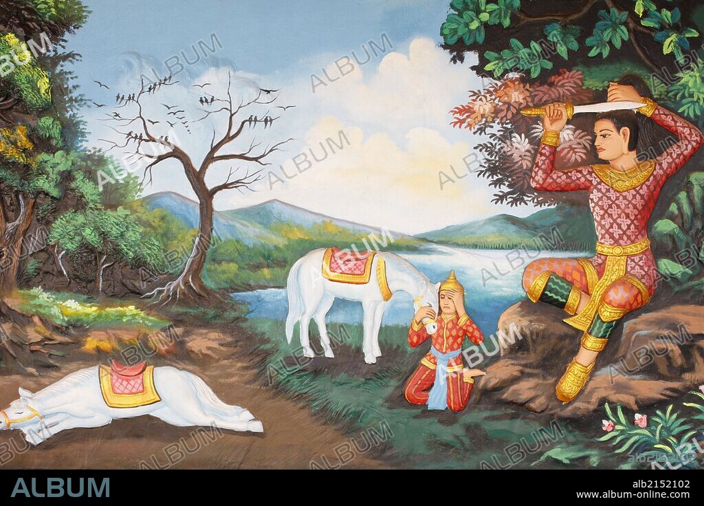 Preah Prom Rath Monastery. Life of the Buddha. The Great Tonsure: the Buddha cuts his hair with his sword. Then he changed his prince's clothes for a beggar's robe. Then he began his quest for enlightenment.