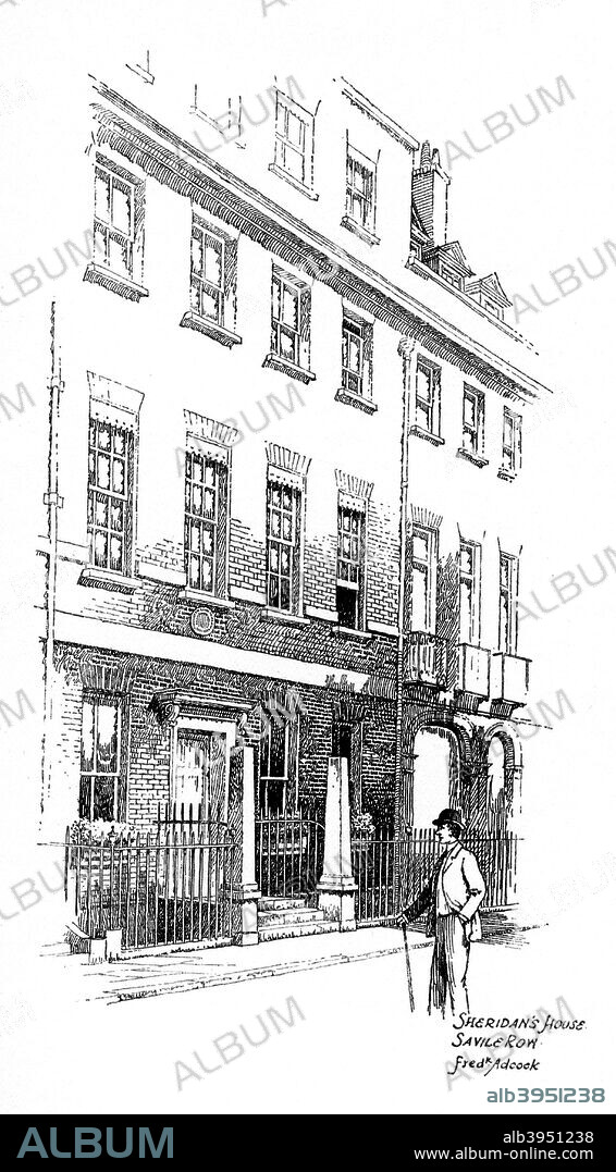 Sheridan's house, Savile Row, London, 1912. Irish-born playwright and MP Richard Brinsley Sheridan (1751-1816) lived here. Illustration from Famous Houses and Literary Shrines of London, by John Adcock, (J M Dent and Sons, London, New York, 1912).