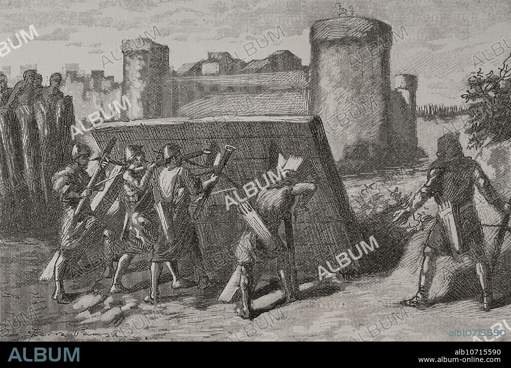 JOAN SERRA PAUSAS (ACTIVE 1861-1902). Iberian Peninsula. Siege of Barcelona in 801. Louis the Pious (778-840) began the conquest of the Muslim-held city of Barcelona. On 3 April 801, after a hard siege of the city, the inhabitants themselves opened the gates of the city to the Frankish army of Louis the Pious, led by William of Gellone, Duke of Toulouse (755-812). Barcelona became the capital of the County of Barcelona. Frankish soldiers protected behind a mantlet. Engraving by Serra Pausas. "Glorias Españolas" (Glories of Spain). Volume II. Published in Barcelona, 1890.