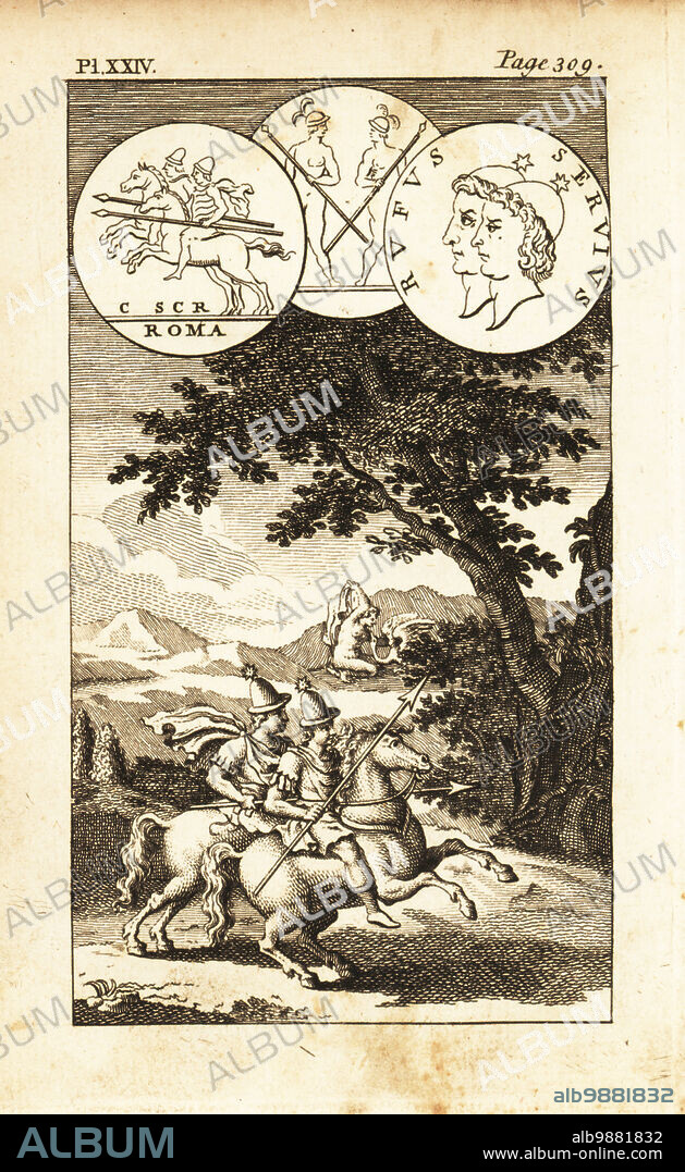 Castor and Pollux, the Dioscuri, on horseback. Pollux's mother Leda seduced by Jupiter in the form of a swan. Copperplate engraving from Andrew Tookes The Pantheon, Representing the Fabulous Histories of the Heathen Gods, London, 1757.