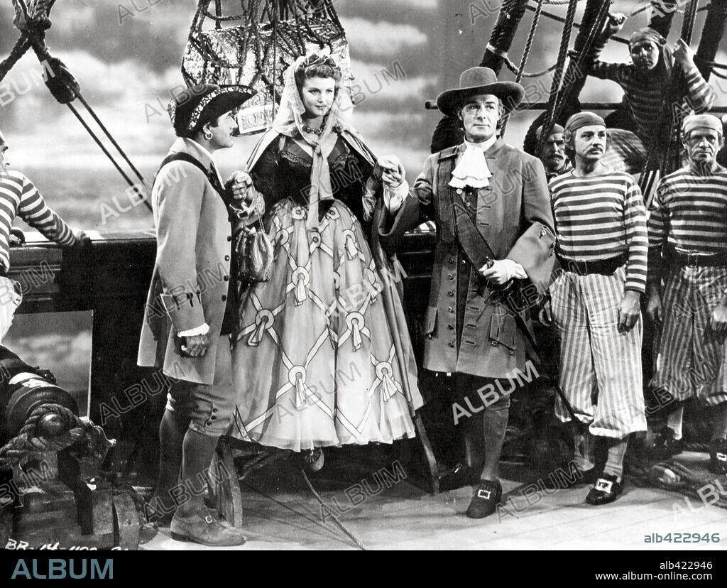BARBARA BRITTON, GILBERT ROLAND, JOHN QUALEN and RANDOLPH SCOTT in CAPTAIN KIDD, 1945, directed by ROWLAND V. LEE. Copyright UNITED ARTISTS.