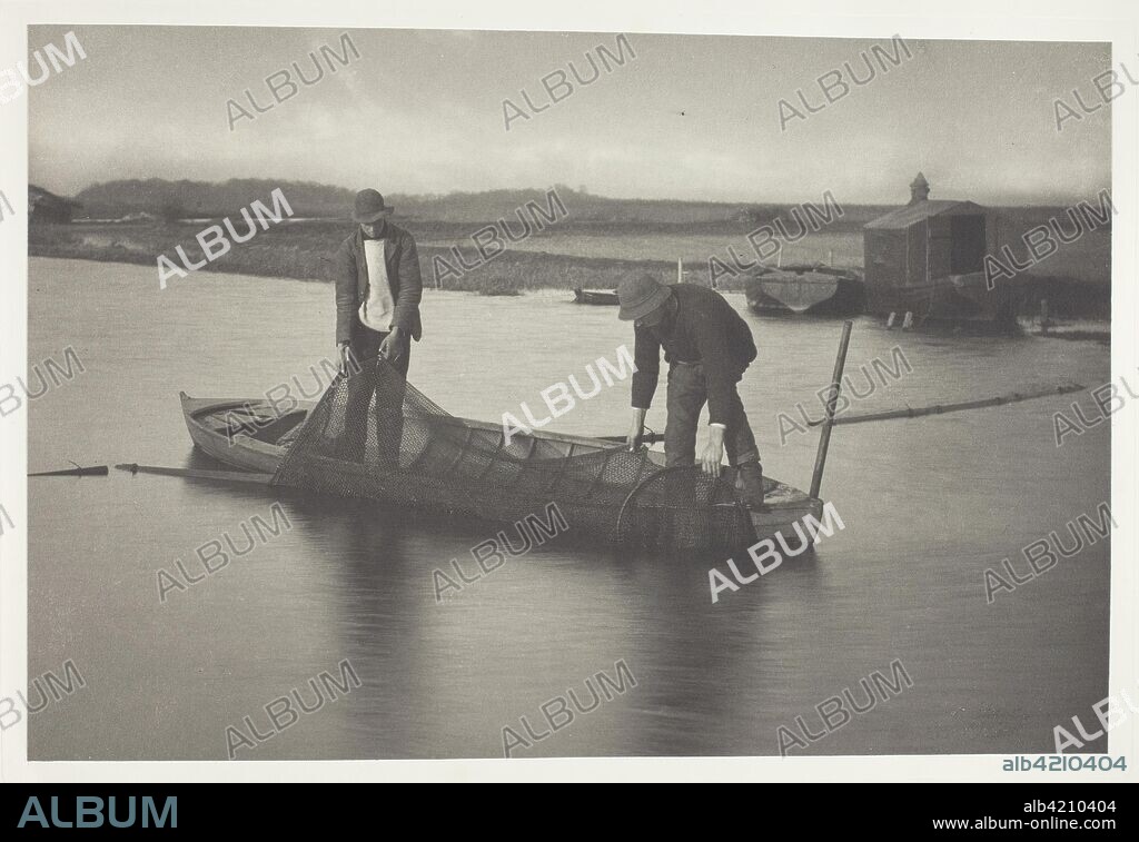 Taking up the Eel-Net. Peter Henry Emerson; English, born Cuba, 1856-1936. Date: 1886. Dimensions: 18.9 × 28.6 cm (image/paper); 28.6 × 40.8 cm (album page). Platinum print, pl. VII from the album "Life and Landscape on the Norfolk Broads" (1886), edition of 200. Origin: England.