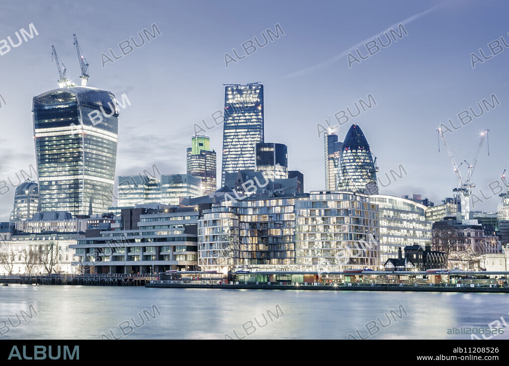 City of London skyline showing the Cheesegrater by architect Richard Rogers,, Gherkin by architect Norman Foster, and Walkie Talkie by architect Vinoly, City of London, London, England, United Kingdom, Europe.