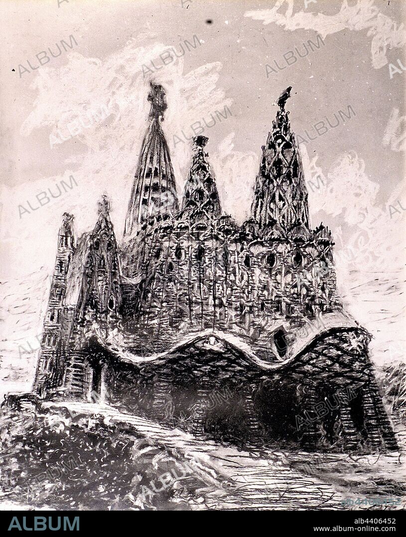 ANTONI GAUDÍ und VICENS VILARRUBIAS. Drawing by Gaudí of the church of Colonia Güell, Barcelona, 1911.