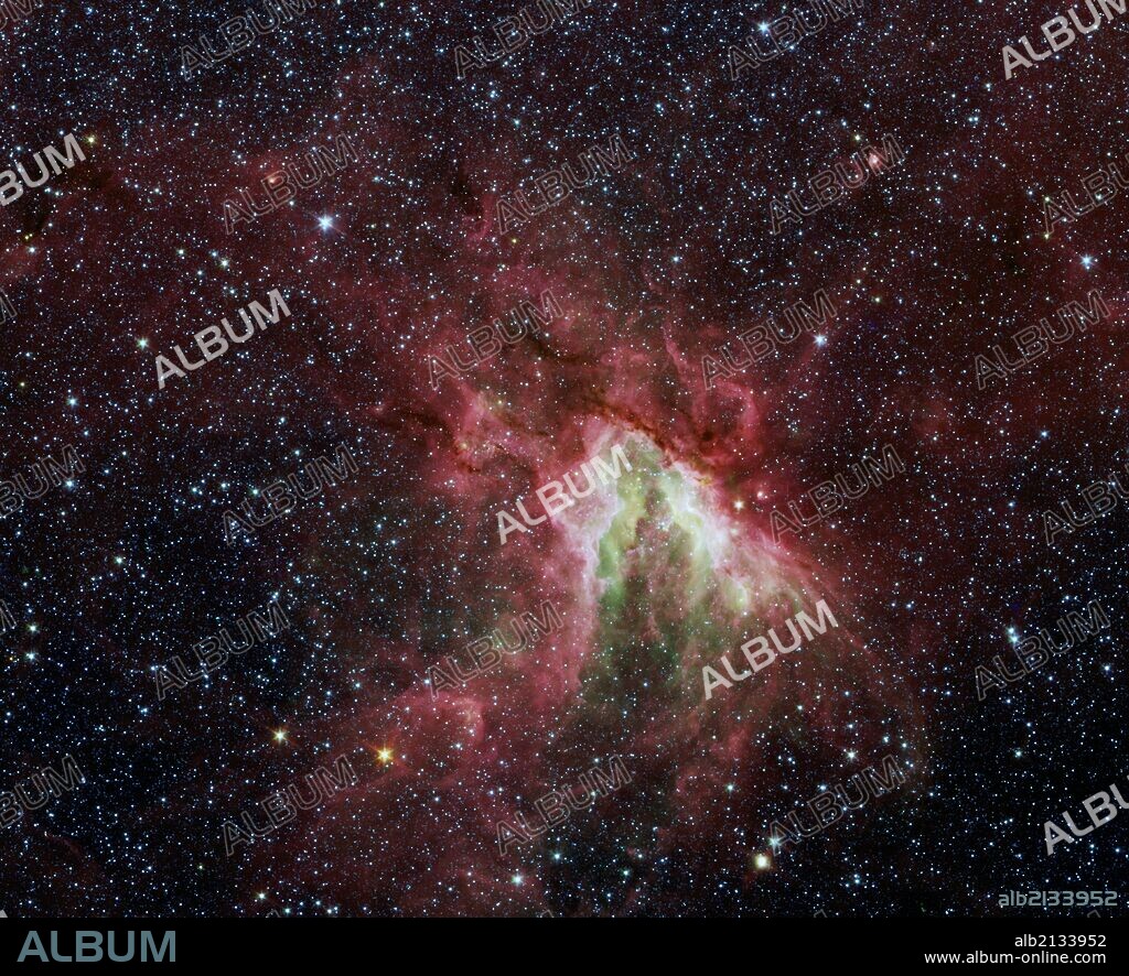 A star-making cloud called M17, or the Swan nebula. Located about 6,000 light-years away in the constellation Sagittarius. Spitzer Space Telescope. (Photo by: Universal History Archive/UIG via Getty Images).