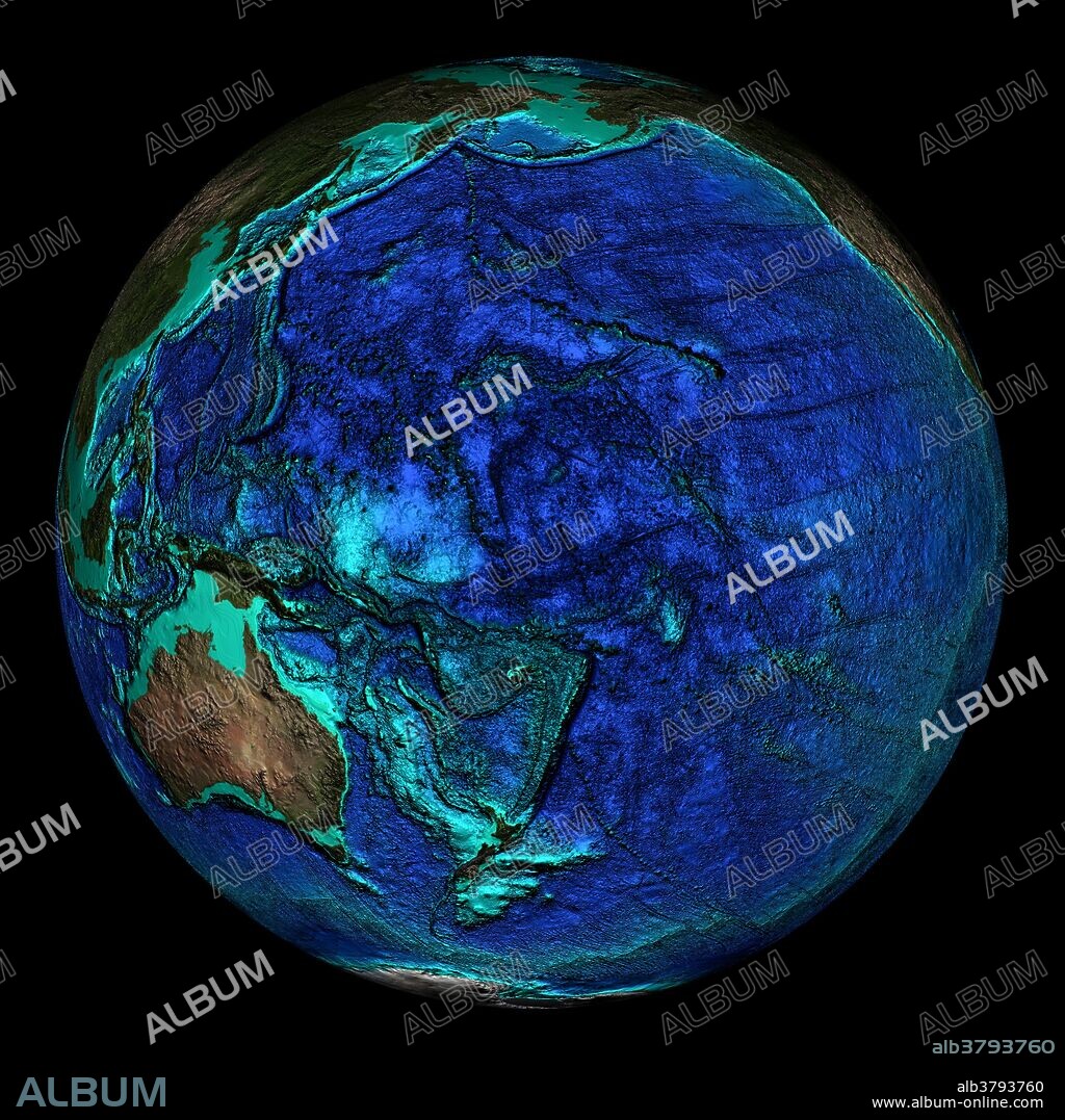 Topographical map of the Earth, centered on 0 degrees North, 180 degrees East. The Pacific Ocean lies here which shows numerous ocean ridges and trenches. The Mariana Trench is seen here at the bottom of the dark arc just left of center. This is the deepest point on the Earth at 10.9 kilometers below sea level. The seas and oceans are color-coded by depth and land colors are based on MODIS true-color data from the Terra satellite in 2004 where darker regions represent highlands. Turquoise regions represent the continental shelf and descend to around 150 meters before dropping off abruptly at the shelf break. The descent of the continental slope to the ocean floor is shown as increasingly dark shades of blue.