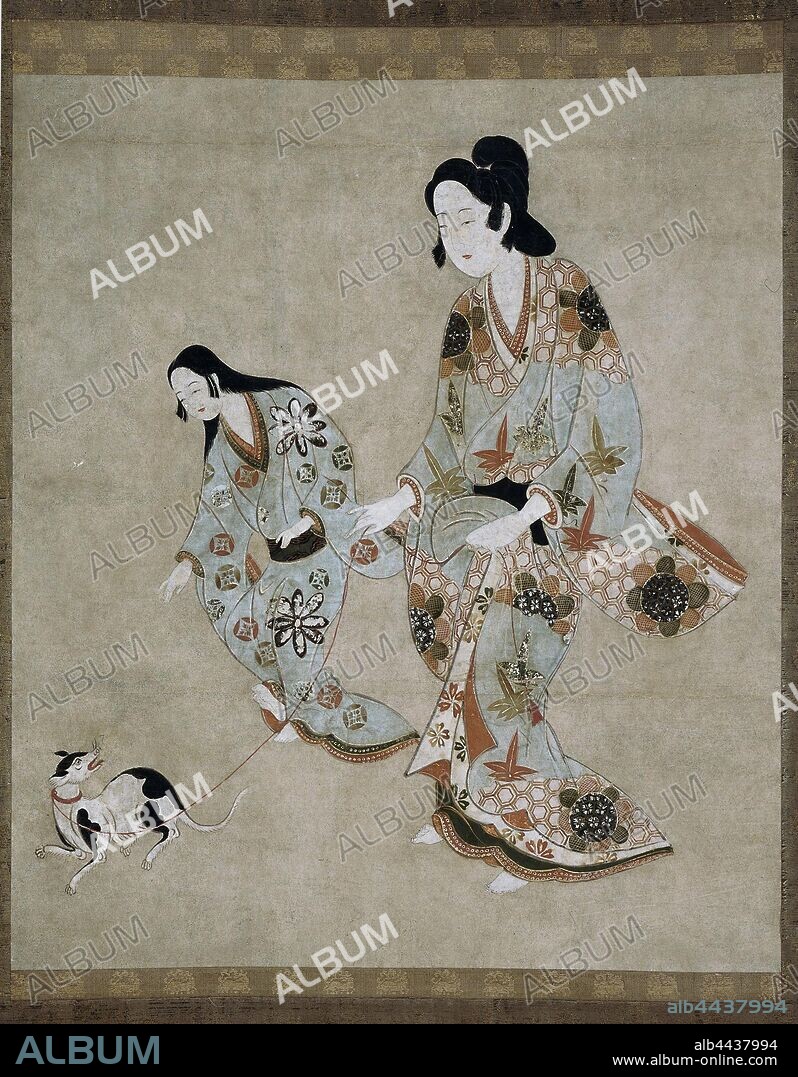 Scroll painting, Two women, a courtesan and her servant, and a dog. In wooden box., anonymous, Japan, 1661 - 1672, Edo-period (1600-1868), paper, dye, ink, h 52 cm × w 46.5 cm h 10 cm × w 68 cm × d 10 cm.