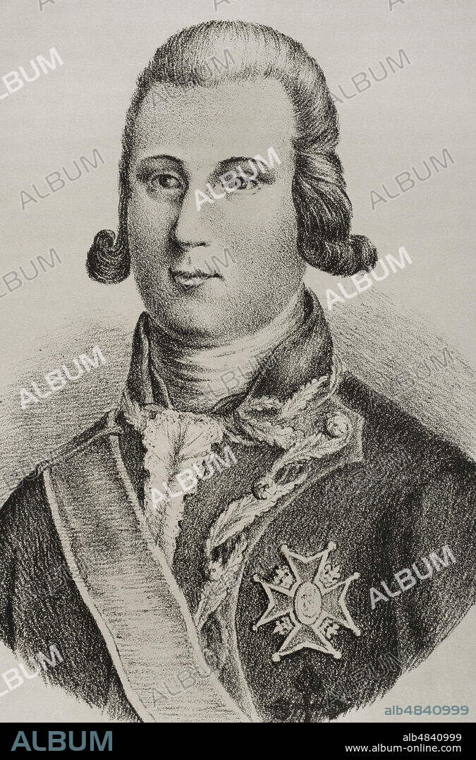 Luís Fermín de Carvajal Vargas y Brun, I conde de la Unión (1752-1794). Militar y hacendado español. Grabado. Detalle. Historia del Levantamiento, Guerra y Revolución de España, por el Conde de Toreno. Madrid,1851.