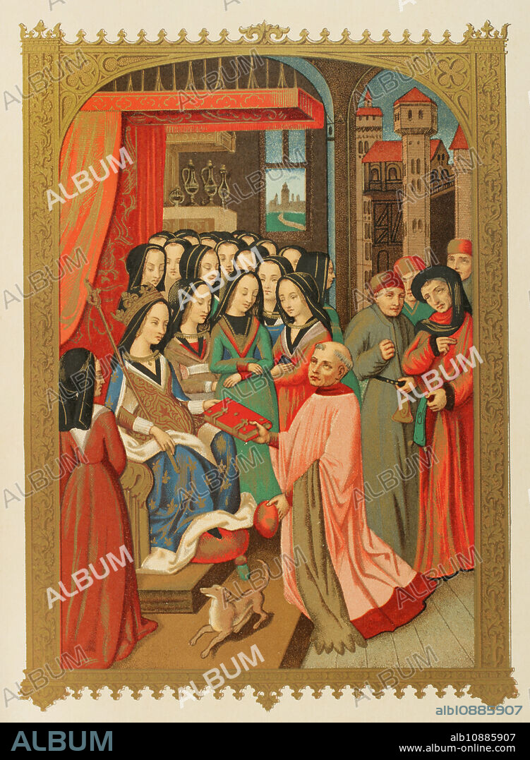 María de Anjou (1404-1463). Reina consorte de Francia (1422-1461). La Corte de Damas de María de Anjou, esposa de Carlos VII. Su capellán, el erudito normando Robert Blondel, le presenta el tratado alegórico de los "Doce Peligros del Infierno" (Des douze Perilz d'enfer) que compuso para ella, 1455. Cromolitografía a partir de una miniatura de ese libro. "Moeurs, usages et costumes au moyen-âge et à l'époque de la Renaissance", por Paul Lacroix. París, 1878.