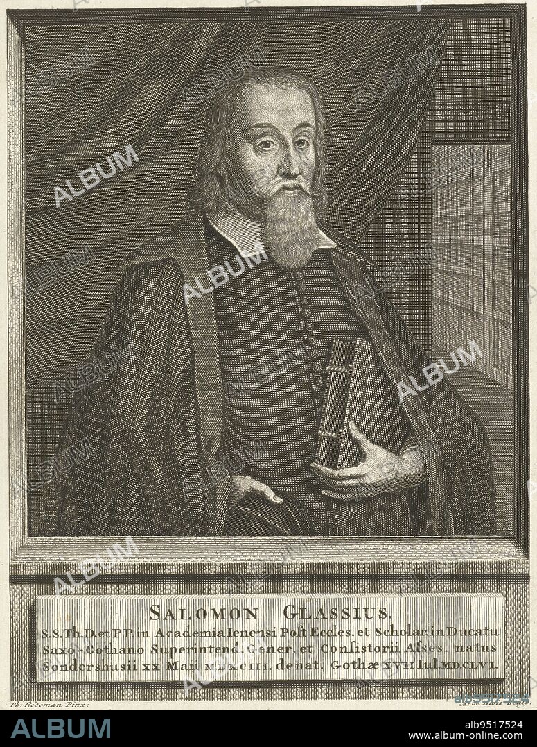 Portrait of theologian Solomon Glassius, Abraham de Blois, after Philip Tidemann, 1679 - 1717, Portrait of German and Lutheran theologian Solomon Glassius in semi-figure with Bible. Below the image is a Latin text with some facts from his life., print maker: Abraham de Blois, (mentioned on object), after: Philip Tidemann, (mentioned on object), Amsterdam, 1679 - 1717, paper, engraving, h 207 mm × w 170 mm.
