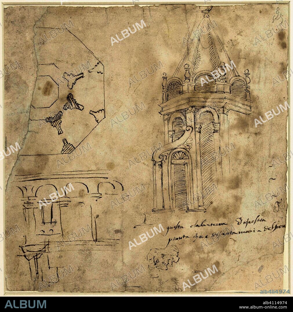 Sketch sheet with details of the Florence Cathedral and a profile head. Draughtsman: Giuliano da Sangallo (attributed to). Dating: 1455 - 1516. Measurements: h 258 mm × w 254 mm.