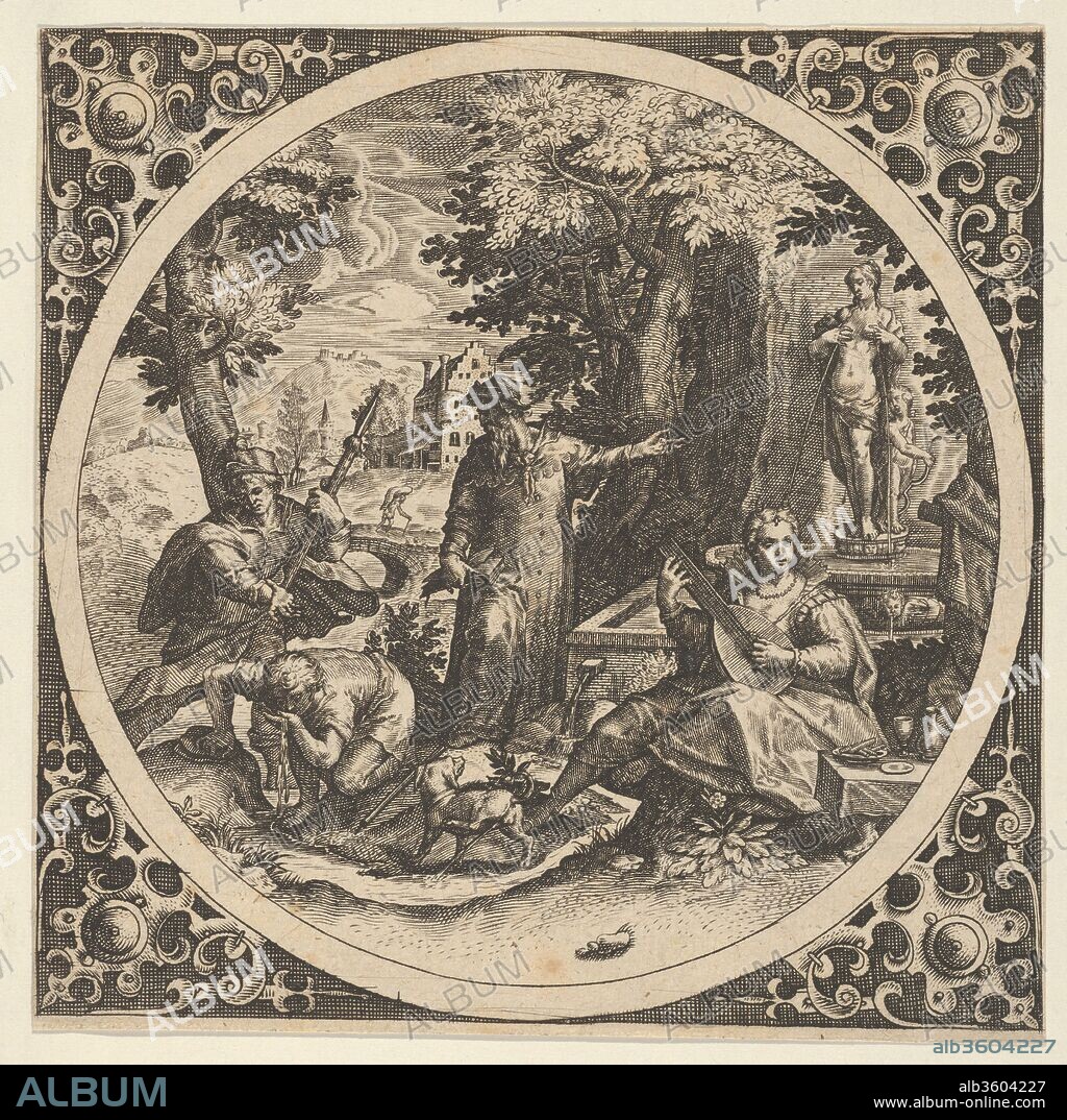 Scene with a Warning Against Venereal Disease in a Circle at Center. Artist: Theodor de Bry (Netherlandish, Liège 1528-1598 Frankfurt); After Johann Sadeler I (Netherlandish, Brussels 1550-1600/1601 Venice); after Christoph Schwarz (German, Munich ca. 1548-1592 Munich). Dimensions: Sheet: 5 5/16 × 5 3/8 in. (13.5 × 13.6 cm). Date: 1580-1600.
An allegorical scene with a warning against venereal disease set in a landscape in a circle at center. At right, a figure plays the lute in front of a fountain with Venus and Cupid. At center, a man gestures towards the fountain, while facing left towards a figure with a spear standing over a man crouching to drink from a stream into which a dog is urinating. Around the central circle, strapwork ornaments on a crosshatch background. The scene is a reverse copy of a print by Johannes Sadeler (Hollstein XXI.163.492) after a print by Christoph Schwarz.