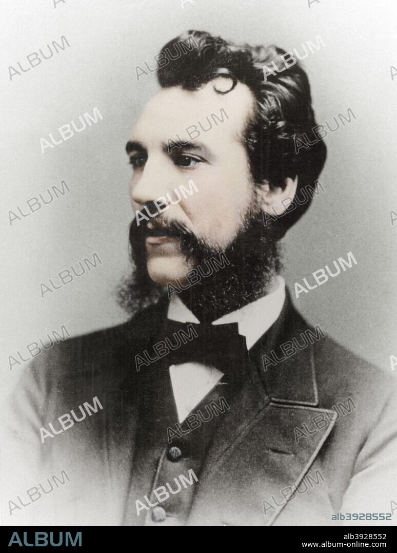 Alexander Graham Bell, Scottish-born American inventor, 19th century. Bell (1847-1922), who patented the telephone in 1876, as a young man. (Colorised black and white print).
