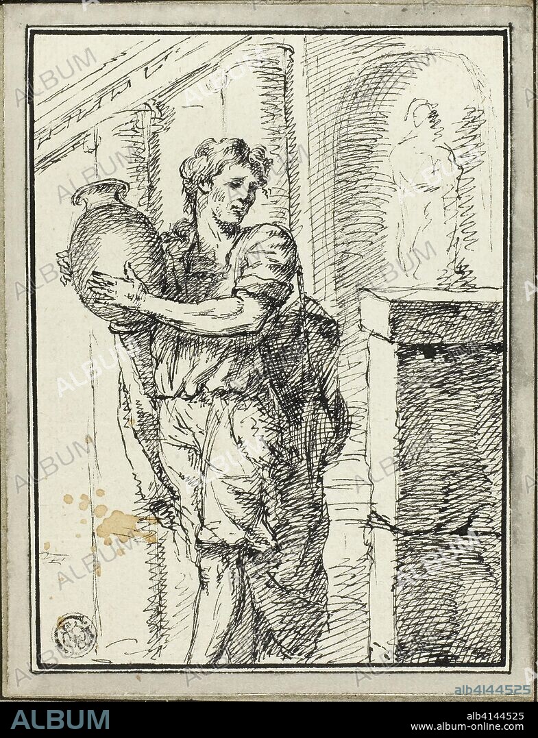 DAVID PIèRRE GIOTTINO HUMBERT DE SUPERVILLE. Man Holding Jar. David Pierre Giottino Humbert de Superville; Dutch, 1770-1849. Date: 1785. Dimensions: 156 x 120 mm. Pen and black ink on ivory laid paper, tipped onto gray laid paper. Origin: Holland.