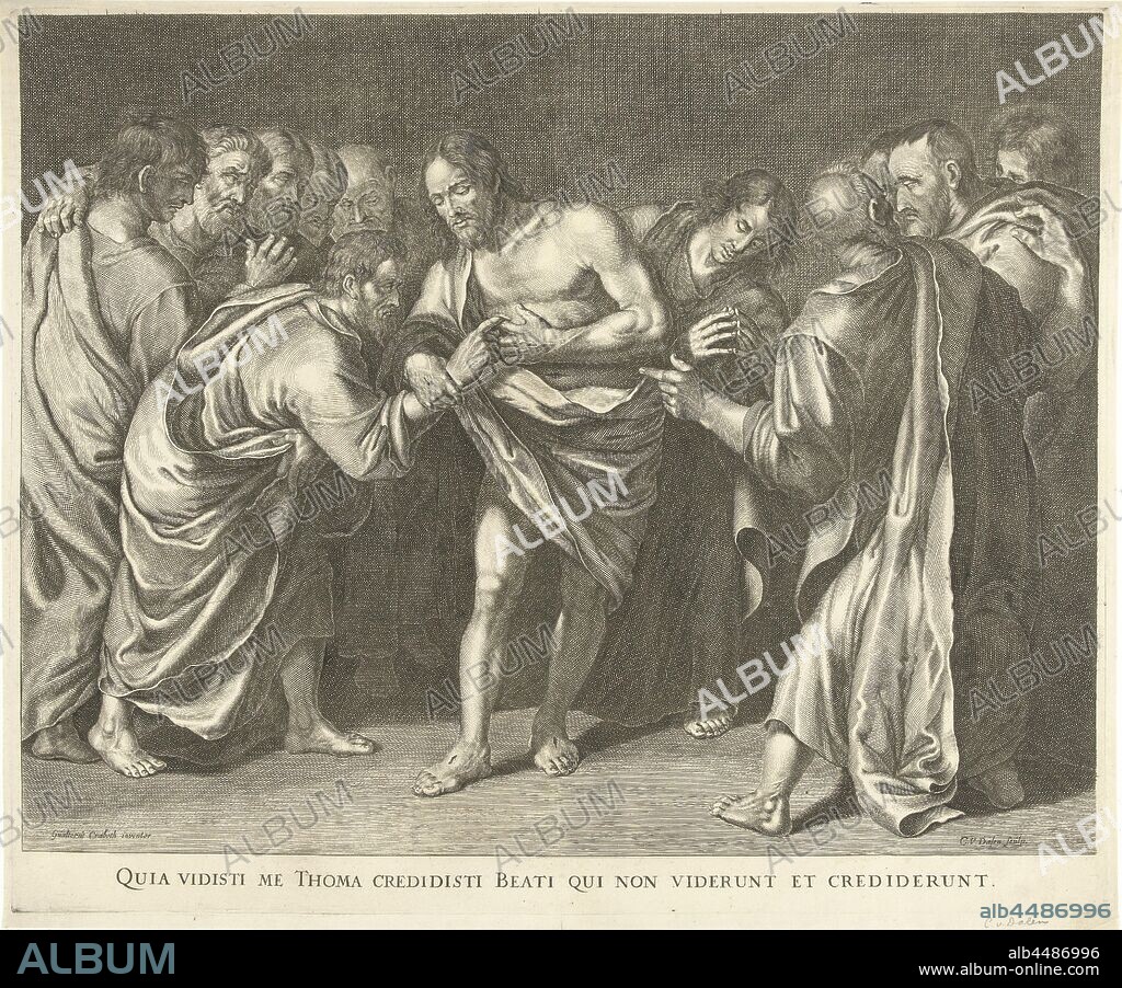 Unbelieving Thomas touches Christ's wound on Quia vidisti me Thoma credidisti beati qui non viderunt et crediderunt (title on object), Christ shows Thomas his wounds after the crucifixion in the presence of the other apostles., Thomas touching or stretching his hands to touch the wound in Christ's side, sometimes Christ leading Thomas' hand, Cornelis van Dalen (I) (mentioned on object), 1612 - 1665, paper, engraving, h 427 mm × w 517 mm.