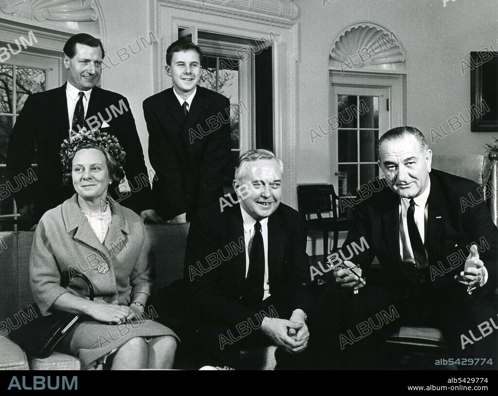 White House, March 2, 1964 - British Labor Party PM Harold Wilson and his wife, Gladys, meet with President in the Oval Office. Photo: Abbie Rowe.