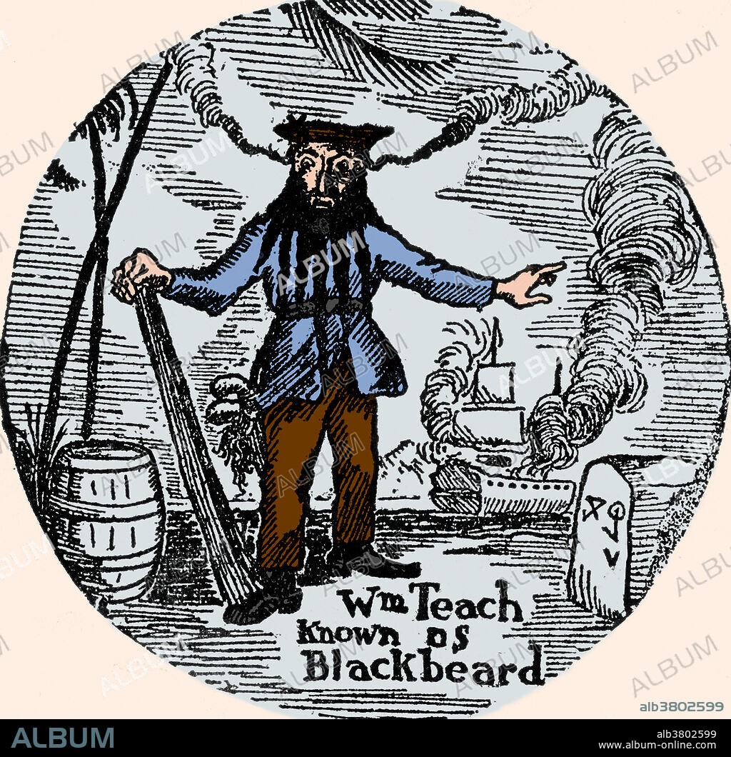 Colour enhanced portrait drawing of Edward Teach (1680 - November 22, 1718), better known as Blackbeard, a notorious English pirate. Blackbeard operated around the West Indies and the eastern coast of the American colonies. He was a sailor on privateer ships during Queen Anne's War. By war's end, he had become an experienced sea robber and decided to join a group of Caribbean pirates. His nickname came from his thick black beard and fearsome appearance. He supposedly tied lit fuses under his hat to frighten his enemies. There is no known account of his ever having harmed or murdered those he held captive. Blackbeard and several of his crew were killed on November 22, 1718 by a group of sailors sent by the governor of Virginia to capture and kill him.