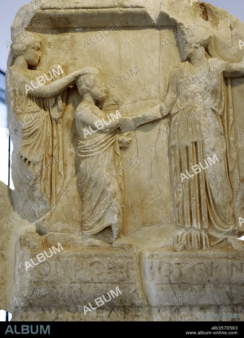 Honorary decree for Proxenides of Knidos. The Athenians bestow on Proxenidos, son of Proxenos, the title of proxemos (consul) and benefactor. Relief depicting the honoree stands between Athena, who offers him a wreath, and Aphrodite, who introduces him to Athena. Detail. Ca. 420 BC. Acropolis Museum. Athens. Greece.