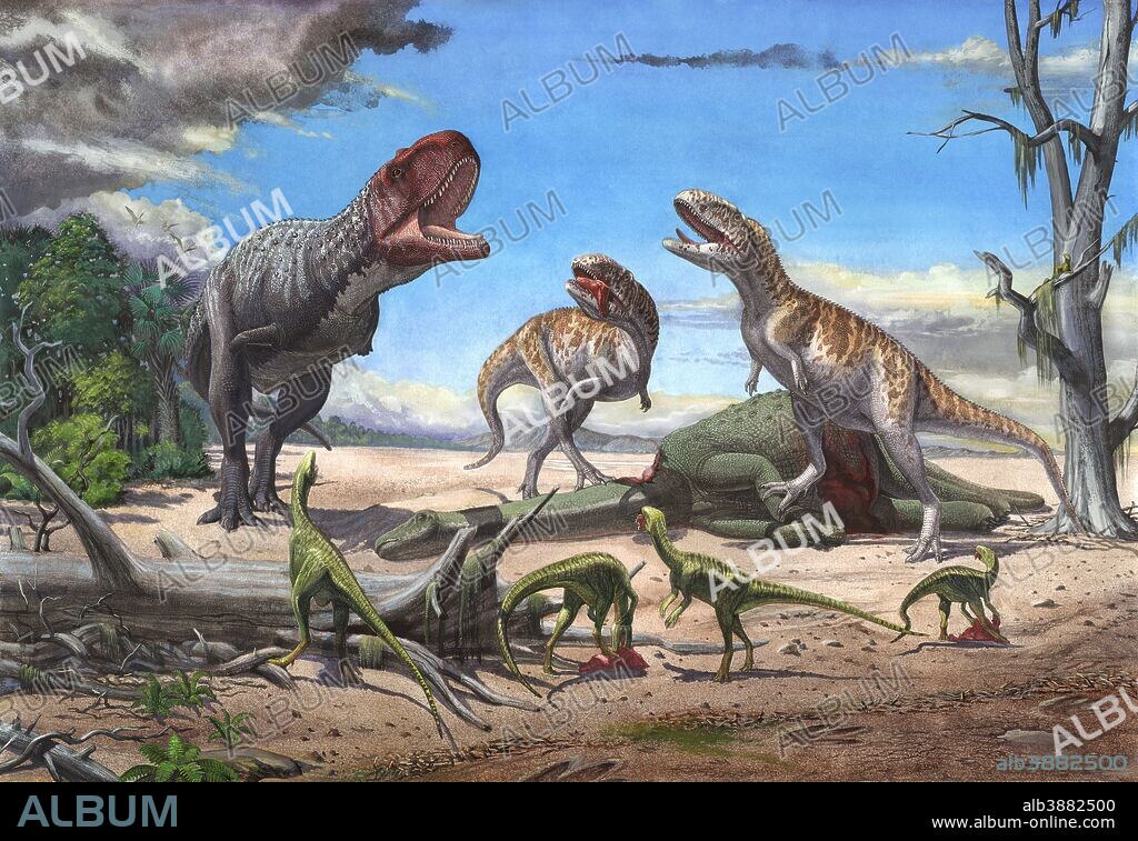 A large Rajasaurus bellows in an attempt to intimidate two Indosuchus dinosaurs away from a dead Titanosaurus. A pack of small Compsosuchus watch while they eat scraps of meat in the foreground.